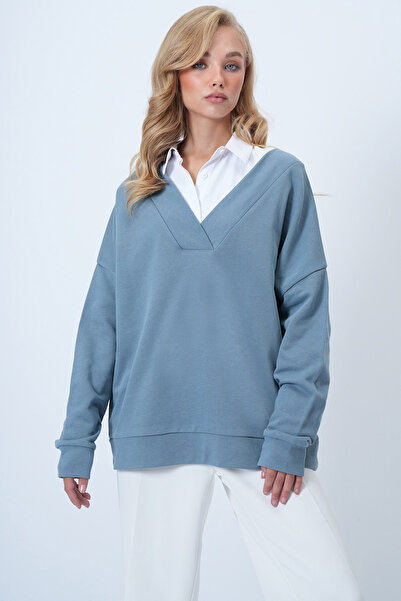Trend Alaçatı Stili Women's Painted Gray V-Neck Double-Breasted Oversized Sweatshirt Alc-X14555