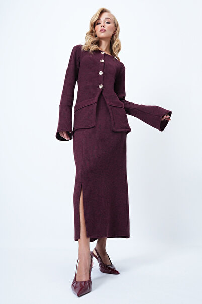 Trend Alaçatı Stili Női bordó, legény nyakú, gombos, részletesen kidolgozott zsebes kötött blúz és hasított, középhosszú szoknya szett ALC-X14538