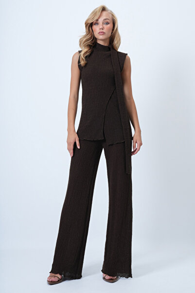 Trend Alaçatı Stili Women's Brown Stand Collar Scarf Suit Alc-X14523