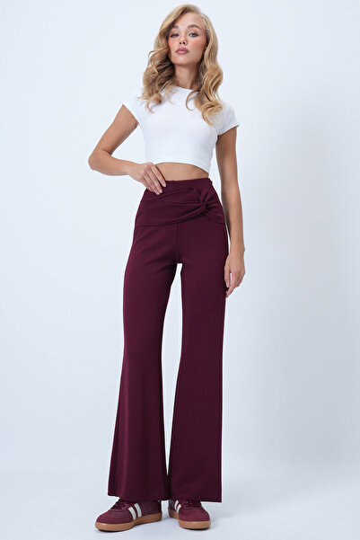 Trend Alaçatı Stili Kadın Bordo Beli Düğüm Detaylı Modal Pantolon ALC-X14524