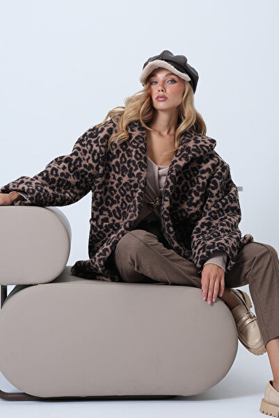 Trend Alaçatı Stili Női leopárd dupla zsebes plüsskabát ALC-X14456