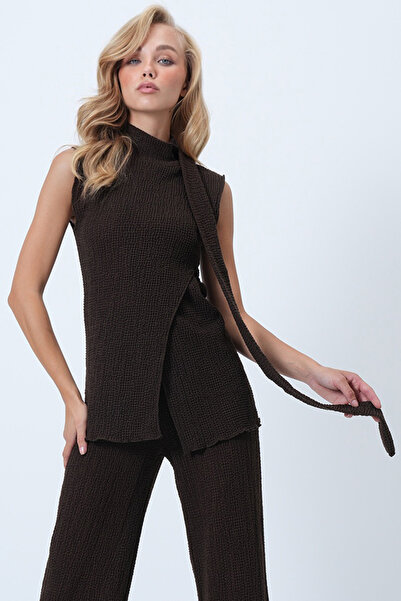 Trend Alaçatı Stili Women's Brown Stand Collar Scarf Suit Alc-X14523
