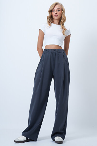 Trend Alaçatı Stili Kadın Antrasit Pile Detaylı Örme Palazzo Pantolon ALC-X14535