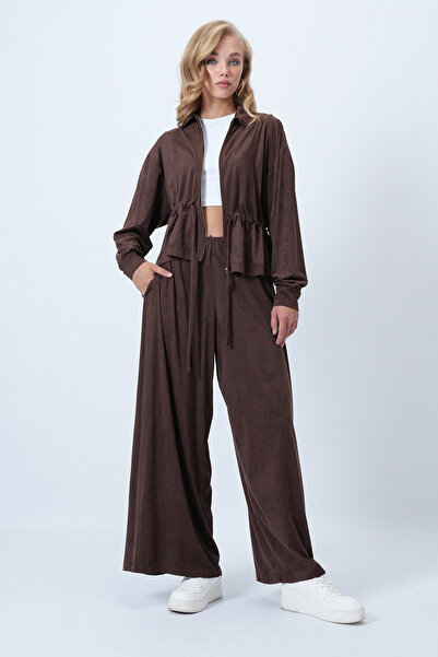 Trend Alaçatı Stili Women's Bitter Brown Faux Suede Waist-Tie Jacket and Double Pocket Pants Set Alc-X14583