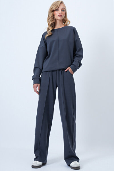 Trend Alaçatı Stili Women's Anthracite Crew Neck Ribbed Stitching Blouse and Double Pocket Green Trousers Set Alc-X14543