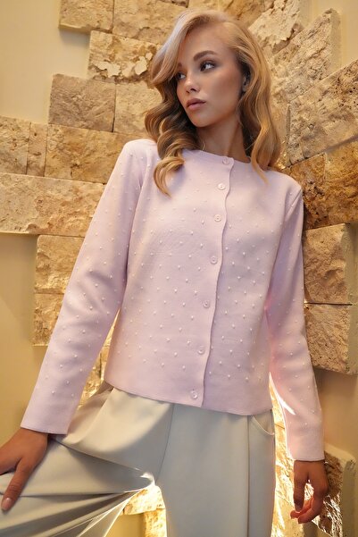 Trend Alaçatı Stili Women's Pink Crew Neck Buttoned Mini Embroidered Knit Cardigan Alc-X14454