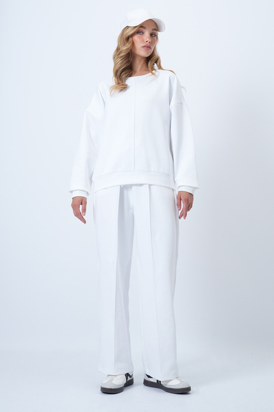 Trend Alaçatı Stili Women's White Crew Neck Ribbed Stitching Blouse and Double Pocket Green Trousers Set Alc-X14543