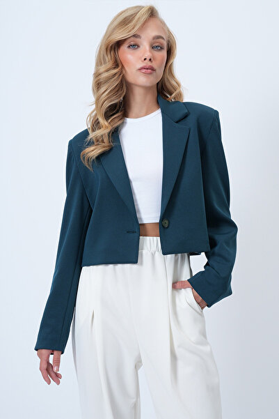 Trend Alaçatı Stili Women's Petrol Green Collar Detailed Lined Thick Crop Jac...