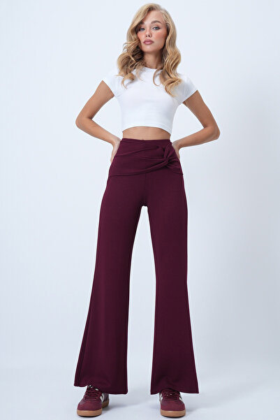 Trend Alaçatı Stili Kadın Bordo Beli Düğüm Detaylı Modal Pantolon ALC-X14524