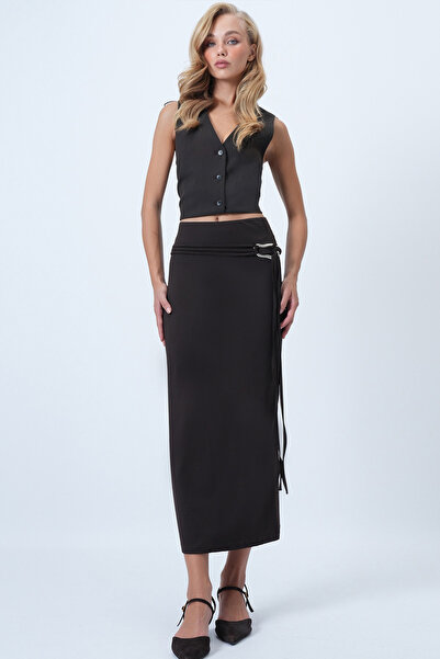 Trend Alaçatı Stili Fusta Sandy de lungime midi cu detaliu curea maro amar pentru femei ALC-X14550