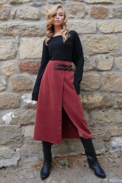 Trend Alaçatı Stili Women's Tile Leather Belt Accessory Wrap Cut Midi Length Velvet Skirt Alc-X14570