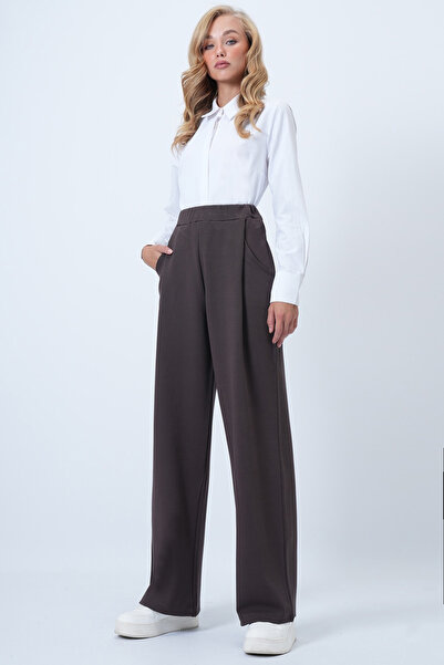 Trend Alaçatı Stili Kadın Acı Kahve Pile Detaylı Örme Palazzo Pantolon ALC-X14535