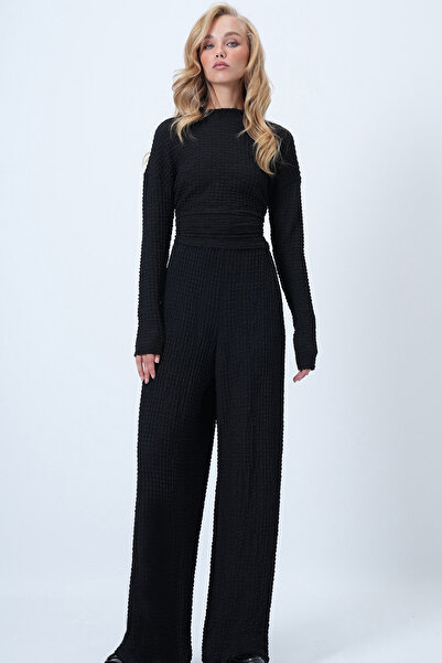 Trend Alaçatı Stili Czarny damski zestaw bluzki z golfem i spodniami ALC-X14565