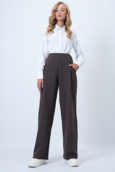 Trend Alaçatı Stili Kadın Acı Kahve Pile Detaylı Örme Palazzo Pantolon ALC-X14535