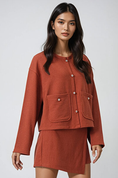 Trend Alaçatı Stili Women's Tile Pattern Double Pocket Textured Jacket and Wrap Cut Shorts Skirt Set Alc-X14548