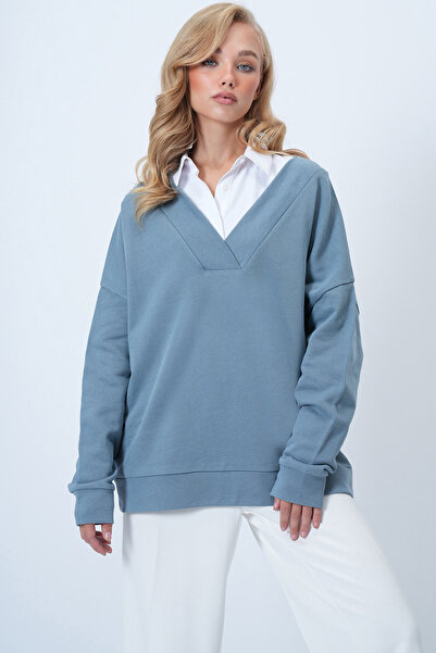 Trend Alaçatı Stili Women's Painted Gray V-Neck Double-Breasted Oversized Sweatshirt Alc-X14555