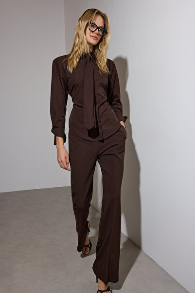 Trendyol Collection Кафява риза с вратовръзка, лимитирана серия TWOAW26GO00047