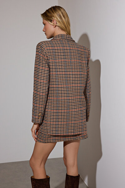 Trendyol Collection Limitált kiadású barna houndstooth mintás, túlméretezett szövött blézer dzseki TWOAW26CE00034