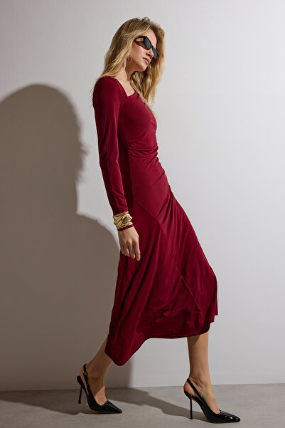 Trendyol Collection Limited Edition Burgundy Asymmetrical Neckline Shirring Detail Midi Bodycon Stretchy Knitted Dress Twoaw26El00125