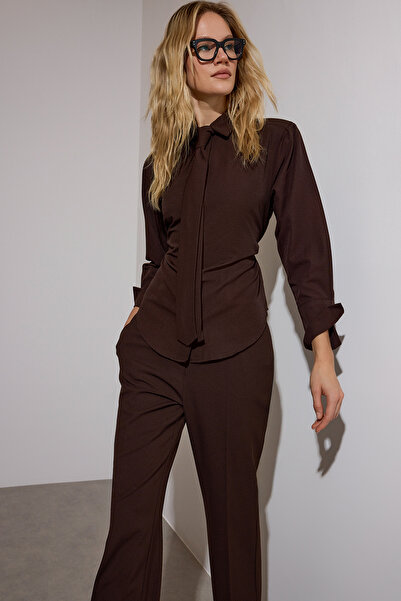 Trendyol Collection Кафява риза с вратовръзка, лимитирана серия TWOAW26GO00047