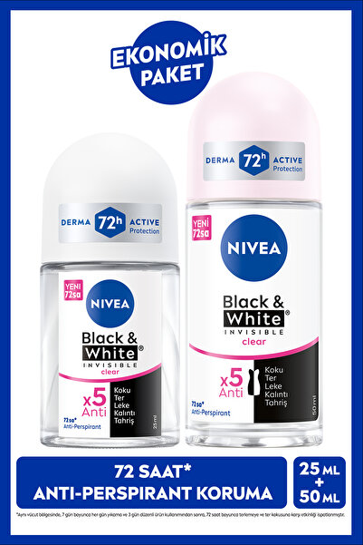 NIVEA Kadın Roll-on Deodorant Black&White Invisible Clear 50ml ve Mini Roll-on 25ml,Anti-perspirant Koruma
