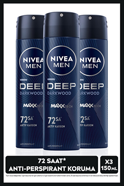 NIVEA MEN Erkek Sprey Deodorant Deep Dimension 150ml,72 Saat Anti Perspirant Koruma,X3 Adet