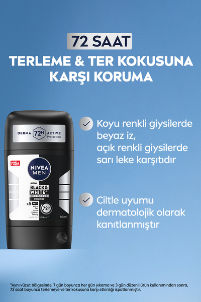 NIVEA MEN Erkek Stick Deodorant Black&White İnvisible Orginal,72 Saat Anti Perspirant Koruma,Leke Karşıtı