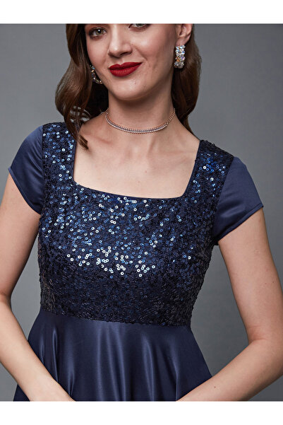 Miss Chase By Styli Navy Blue Embellished Maxi Dress
