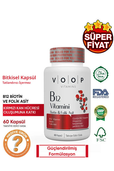 VOOP B12 Vitamini - Biotin&Folik Asit Cilt, Saç, Tırnak ve Beyin Sağlığı Destekleyici 60 Bitkisel Kapsül.