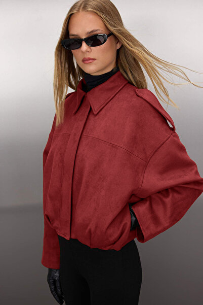 Trendyol Collection Бордовий оверсайз-фасон, замшевий бомбер, тонкий піджак-к...
