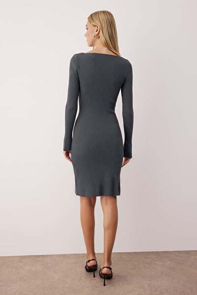 Trendyol Collection Anthracite V-Neck Plain Short / Mini V-Neck Bodycone Knitwear Dress Twoaw26El00052