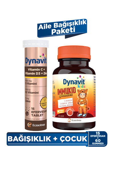 Dynavit Vitamin C Vitamin D3 Çinko 15 Efervesan&Immukid Gummies 60 Çiğnenebilir Gummy-Aile Bağışıklık Paketi
