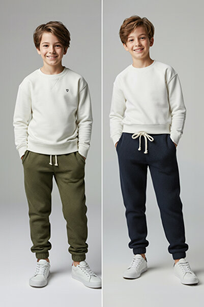 TRENDYOLKIDS Navy Blue-Khaki Cotton 2-Piece Plain Boys' Knitted Sweatpants Tkdaw26Ea00013