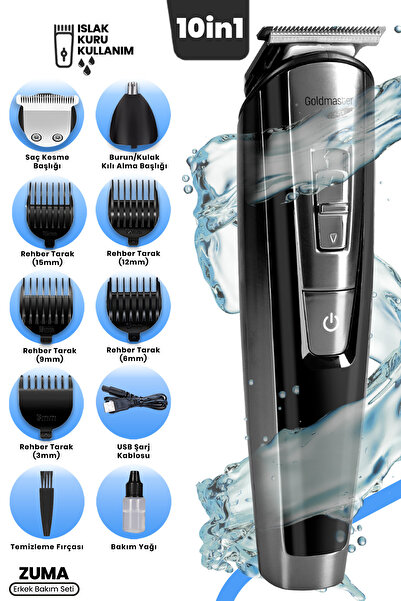 GOLDMASTER Zuma Islak Kuru 10in1 Kablolu Ve Kablosuz Kullanım Hızlı Şarjlı Full Standlı Erkek Bakım Seti Kiti