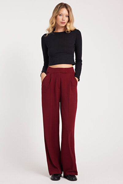 Tudors Kadın Regular Fit Klasik Kesim Cırt Kapamalı Geniş Paça Bordo Pantolon