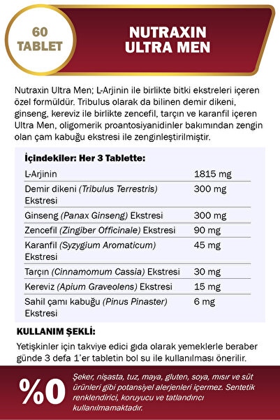 Nutraxin Ultra Men 60 Tablet - L-Arjinin, Ginseng, Zencefil, Demir dikeni, Tarçın
