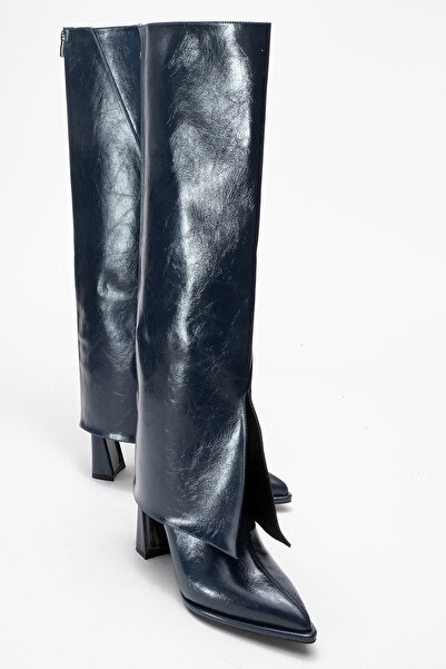 LuviShoes AJA Lacivert Kadın Kalın Topuklu Çizme Olabilen Bot