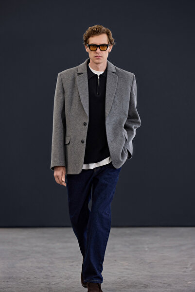 Trendyol Collection Trendyol Studio Collection Light Gray Oversized Wool Blend Cashmere Men Thick Jacket Tmnaw26Kb00001