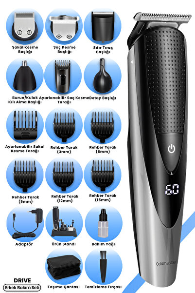 GOLDMASTER Drive Led Ekranlı Islak Kuru Ipx7 Taşıma Çanta Hediyeli 15 In 1 Full Standlı Erkek Bakım Seti Kiti