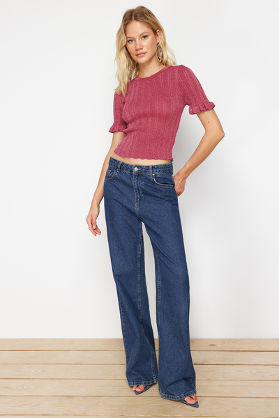 Trendyol Collection Dusty Rose Glitter Sleeve Detailed T-Shirt Look Knitwear Sweater Twoss24Kz00029