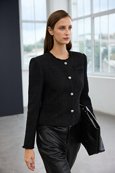 Trendyol Collection Trendyol Studio Black Woven Tweed Jacket with Silver Accessories Twoaw26Ce00079