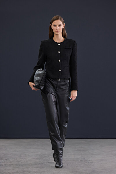 Trendyol Collection Trendyol Studio Black Woven Tweed Jacket with Silver Accessories Twoaw26Ce00079