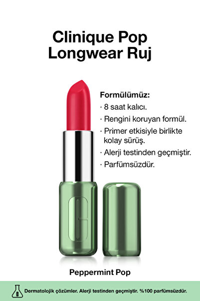 Clinique Pop Longwear™ Gün Boyu Kalıcı Ruj - Renk: Peppermint Pop 3.9g | Saten Bitiş