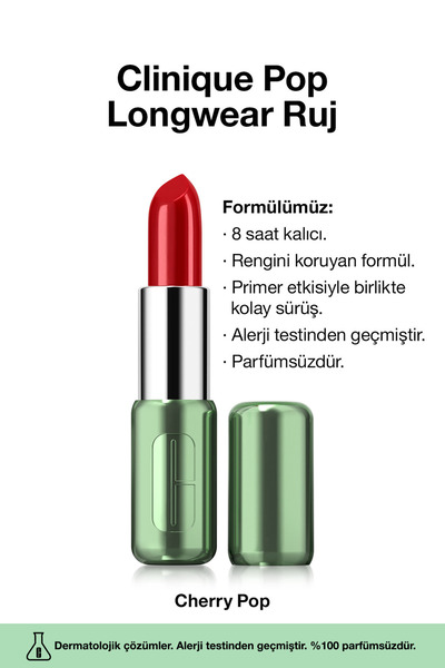 Clinique Pop Longwear™ Gün Boyu Kalıcı Ruj - Renk: Cherry Pop 3.9g | Parlak B...
