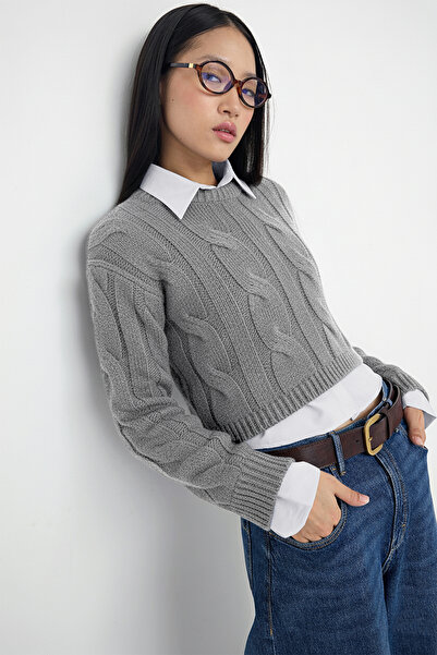 Trendyol Collection Cămașă gri închis pentru adolescenți, pulover crop din tricot cu detalii garnite TWOAW26KZ00047