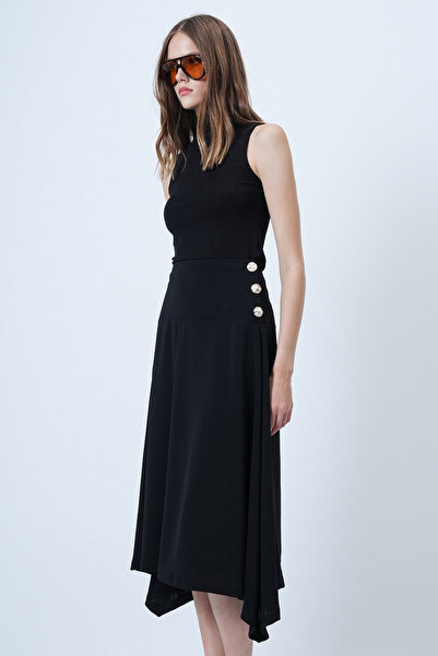 Trend Alaçatı Stili Women's Black Gold Button Detailed Midi Length Skirt Alc-X14639