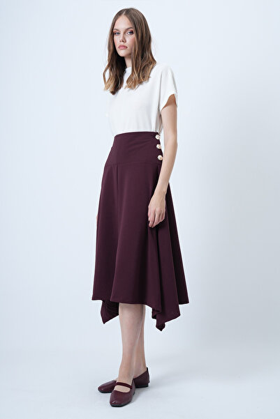 Trend Alaçatı Stili Women's Burgundy Gold Button Detailed Midi Length Skirt Alc-X14639