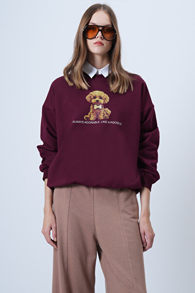 Trend Alaçatı Stili Women's Burgundy Front Printed Oversize Cotton Sweatshirt Alc-X14651