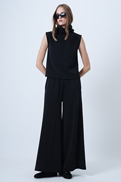 Trend Alaçatı Stili Women's Black Turtleneck Sleeveless Blouse and Wide Leg Pants Set Alc-X14663