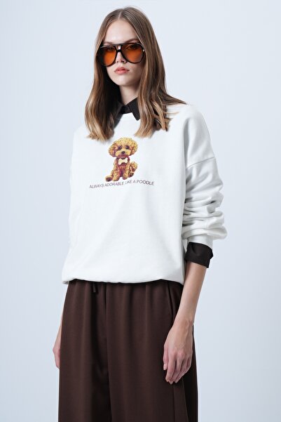 Trend Alaçatı Stili Women's Ecru Front Printed Oversize Cotton Sweatshirt Alc-X14651